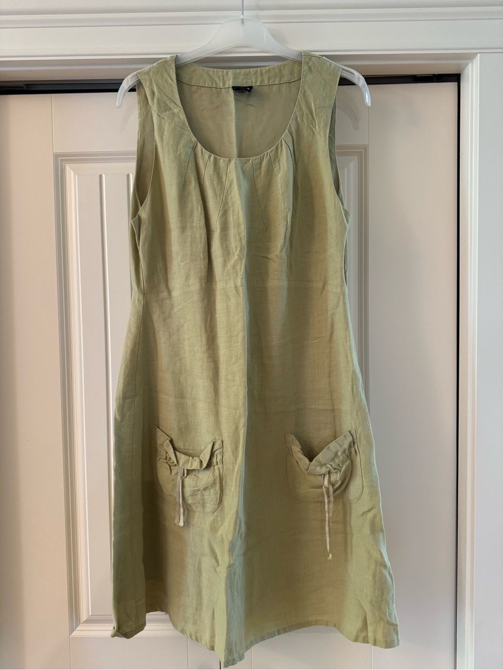 100%Linen❤️Sleeveless Light Green Dress with Front Pockets PTP 191/2 L 39
